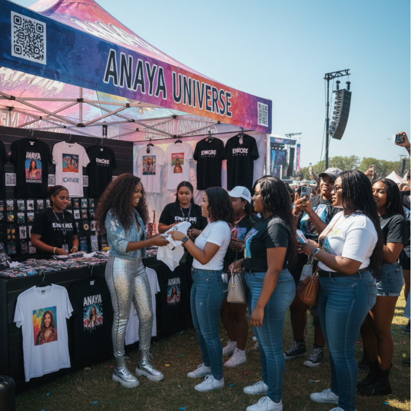 Anaya Universe merchandise booth, powered by  at an outdoor event with people interacting.  (AI generated) Powered by merchbaseafrica.com